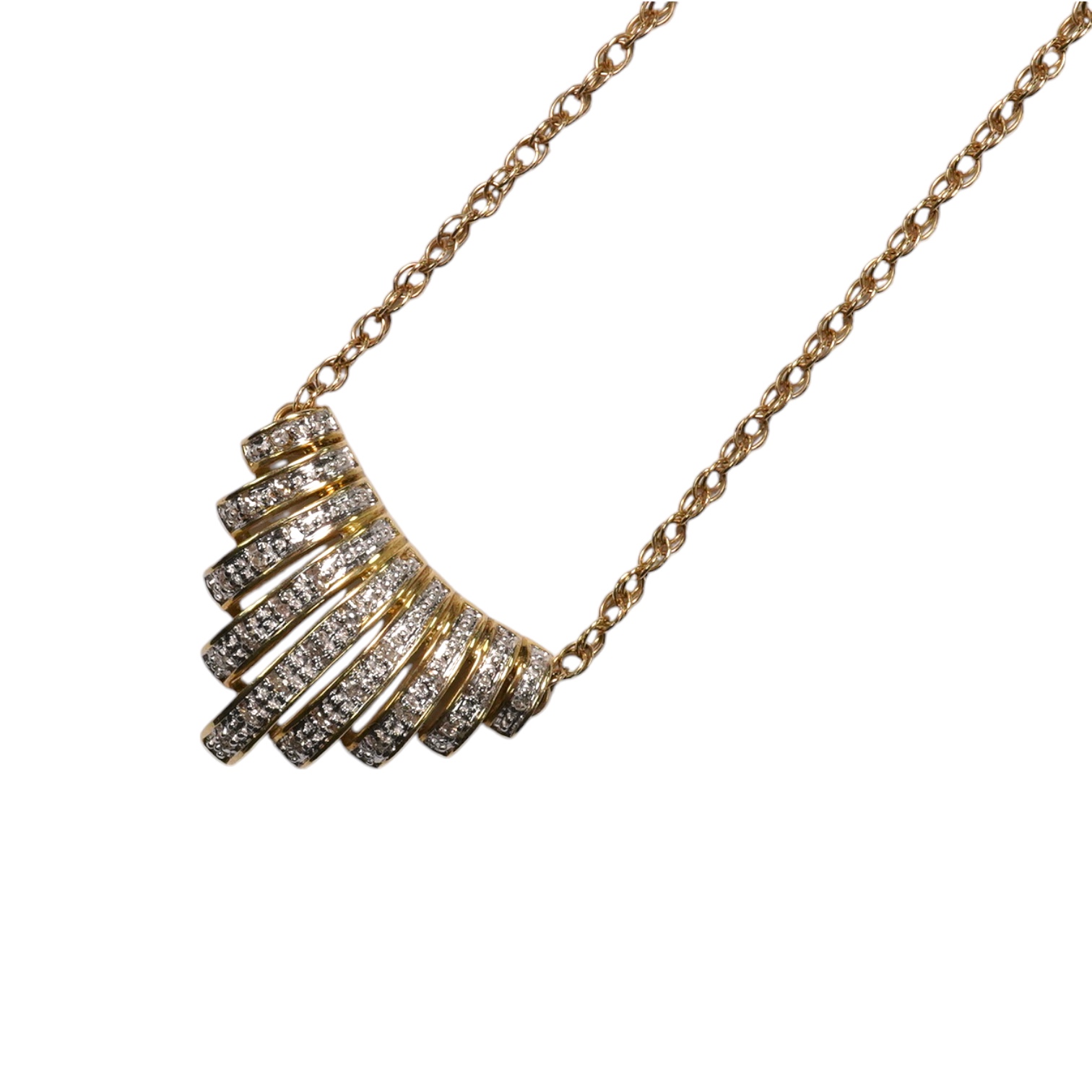 A yellow metal and diamond chip set fan shaped pendant, width 22mm, on a 375 chain, 40cm, gross 5.6 grams.